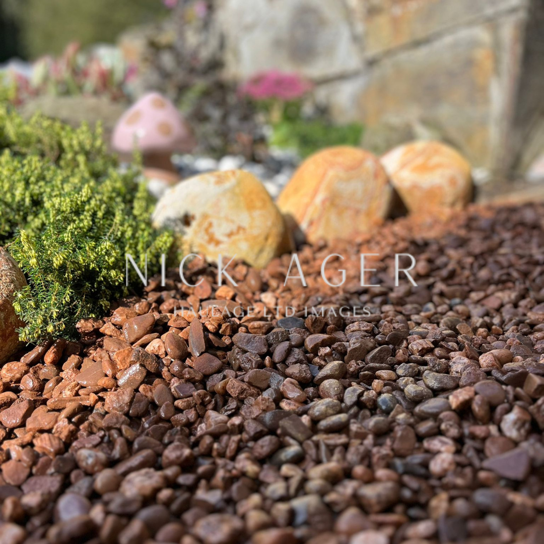 A close-up view of garden stones and pebbles, featuring a mix of reddish-brown gravel, larger rocks, and lush green foliage in a vibrant garden setting.