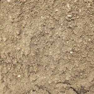 A detailed view of soil consisting of fine grains and small pebbles, showing varied textures and colours.