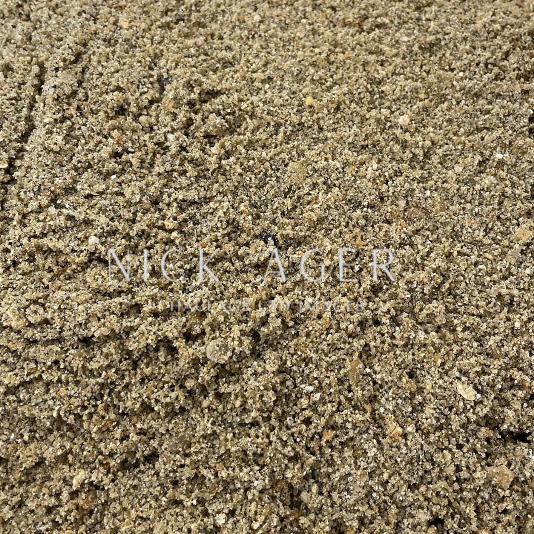 A detailed close-up image of fine sand with a mix of light brown and beige grains, exhibiting a soft, granular texture.