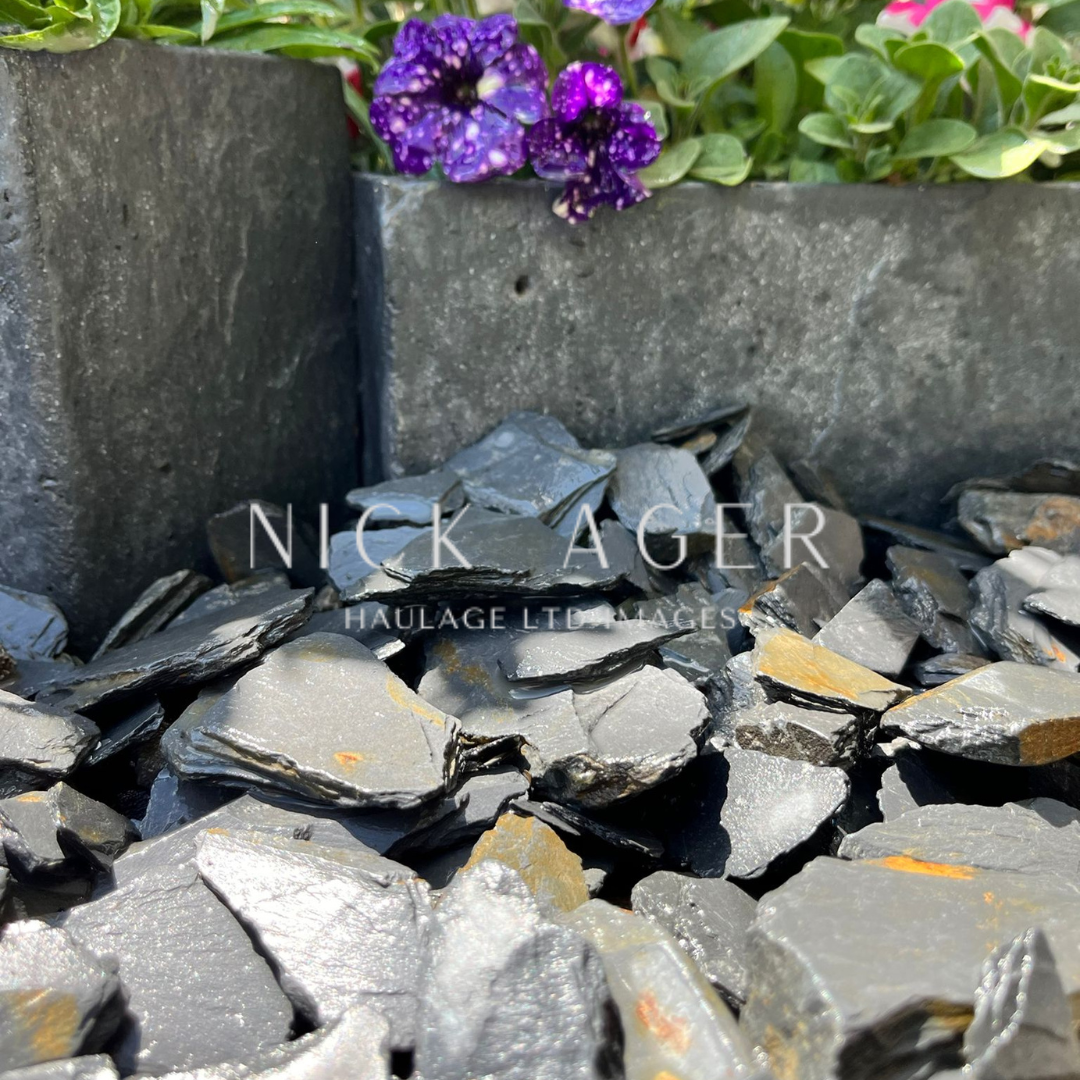 Close-up of grey slate stones in a garden setting, with purple and green flowering plants in the background.