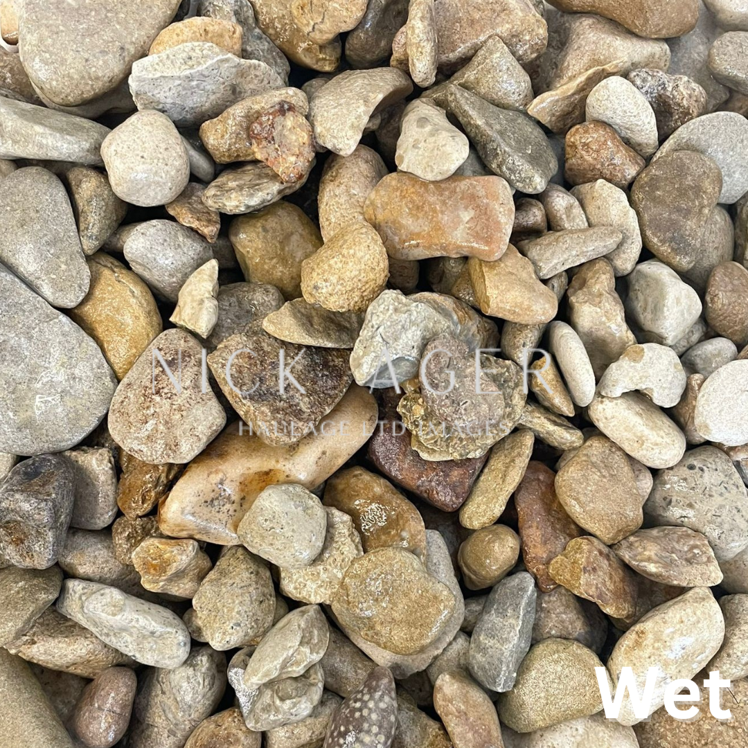 A close-up view of various wet pebbles and stones, featuring a mix of shapes and colours, showcasing their natural textures.