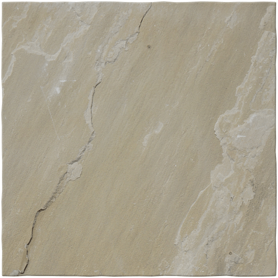 A close-up view of a textured beige stone tile featuring natural markings and cracks, showcasing its rough surface.