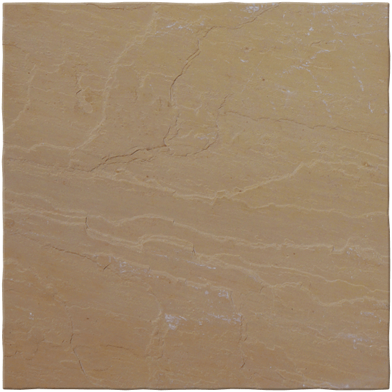 A close-up view of a textured yellow stone tile with natural markings and variations in hue.