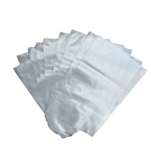A row of transparent plastic packaging bags arranged in a fan shape, showcasing their clear design and open tops.