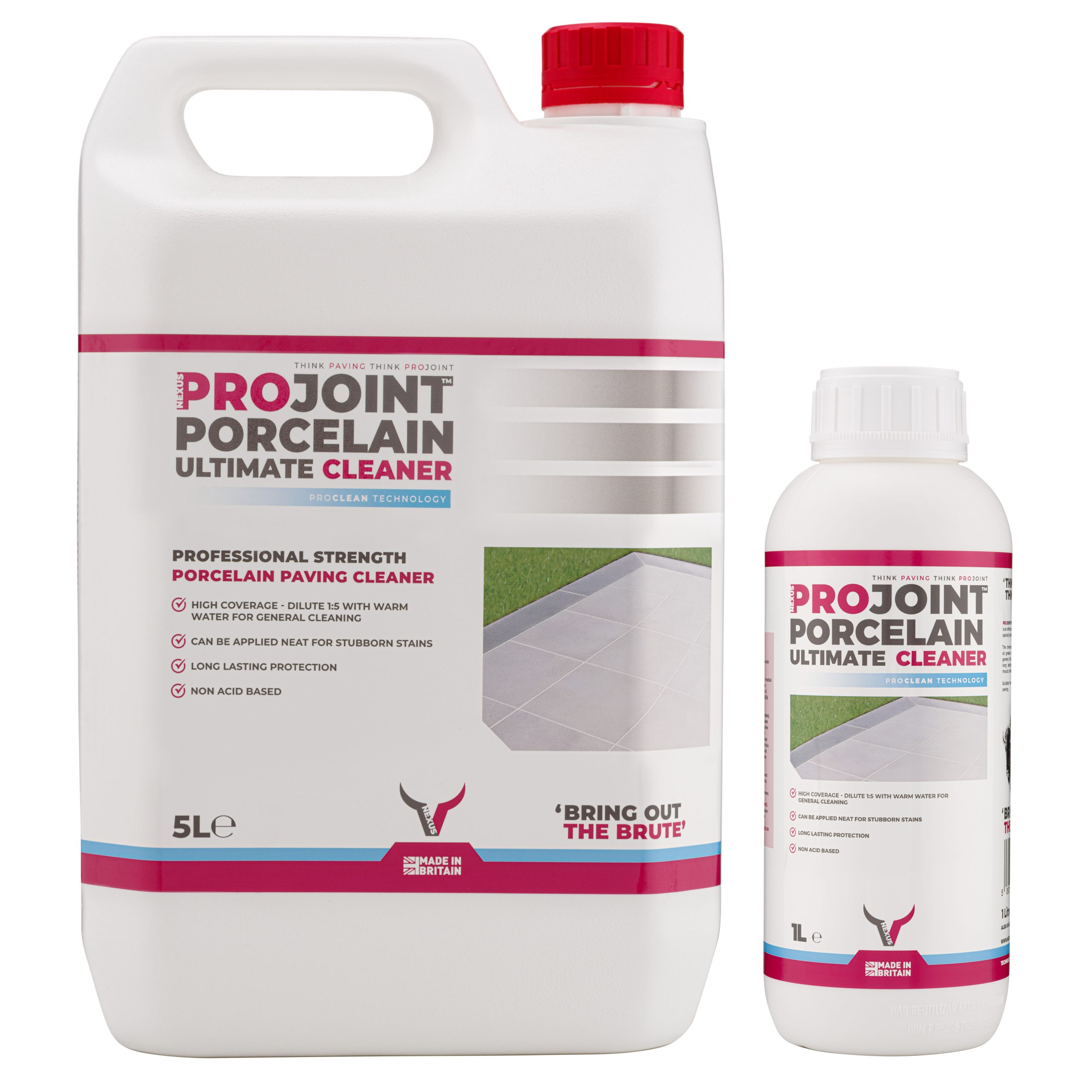 Two bottles of PROJOINT Porcelain Ultimate Cleaner, one 5 litres and one 1 litre, showcasing product features and usage instructions.