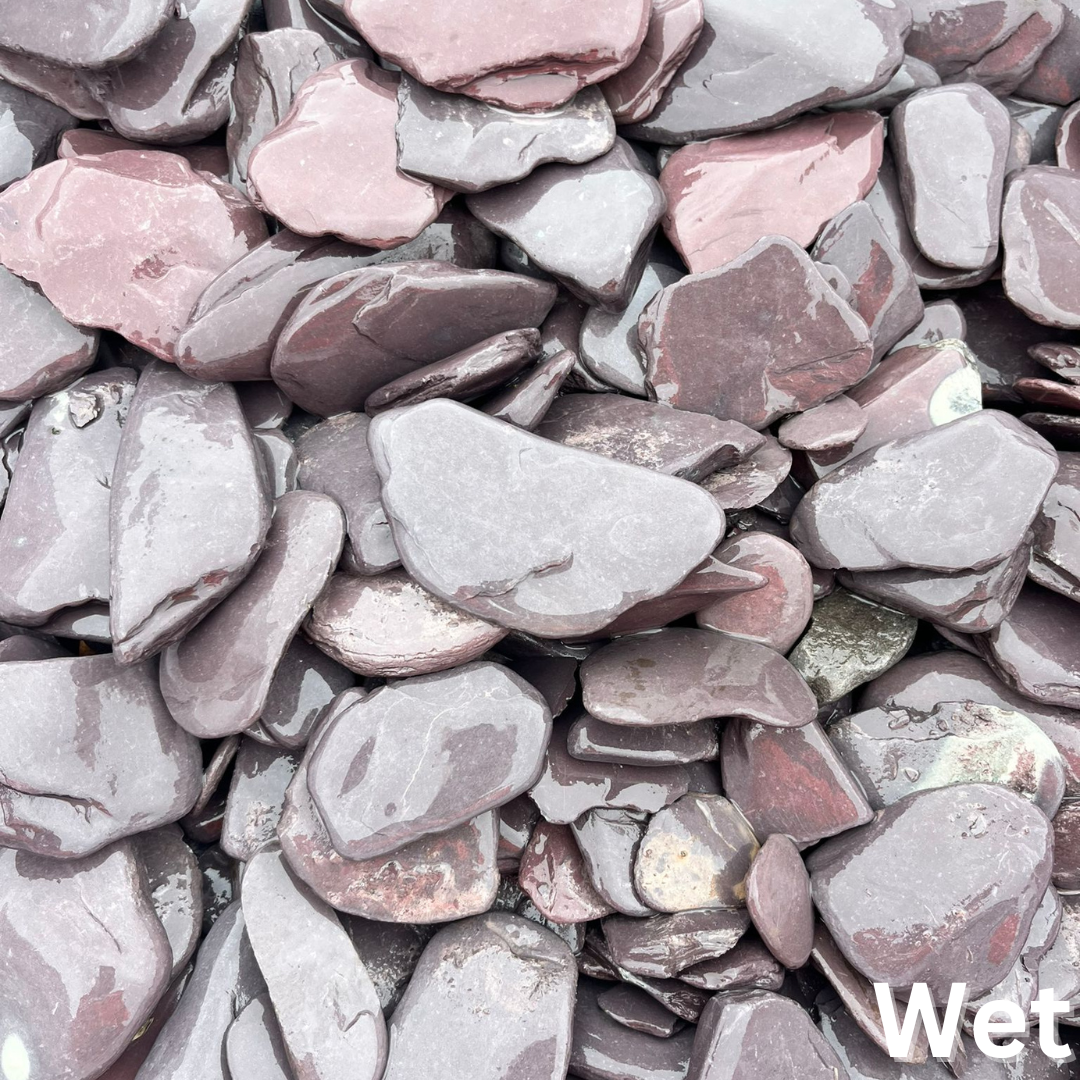 A close-up image of wet, naturally shaped stones in shades of grey and purple, scattered on a surface.