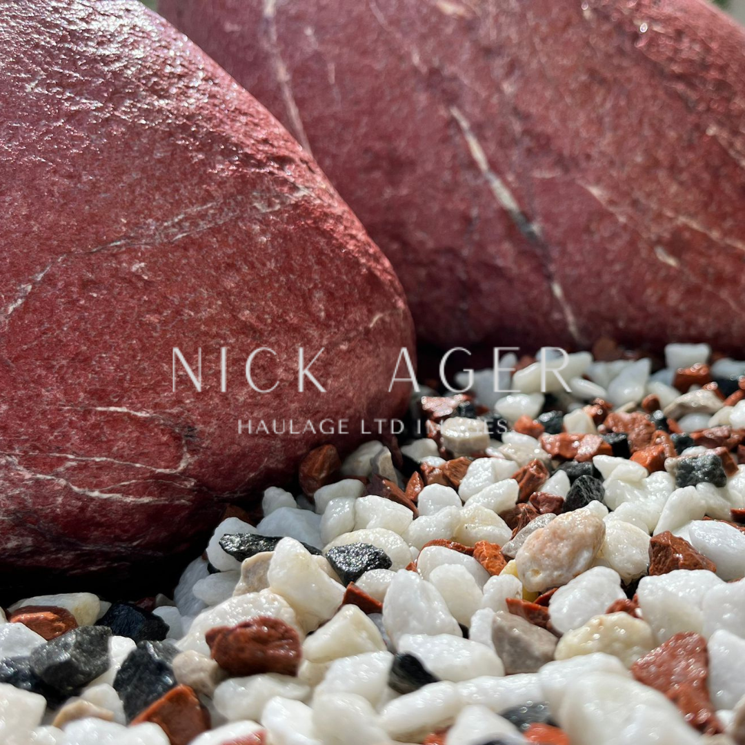 A close-up view of two large red stones surrounded by a mixture of white, black, and reddish pebbles on the ground.