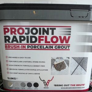 A bucket of ProJoint RapidFlow brush-in porcelain grout, featuring details on its pre-mixed formula, suitability for porcelain and natural stone paving, and application instructions, with a visual demonstration of the product's use.