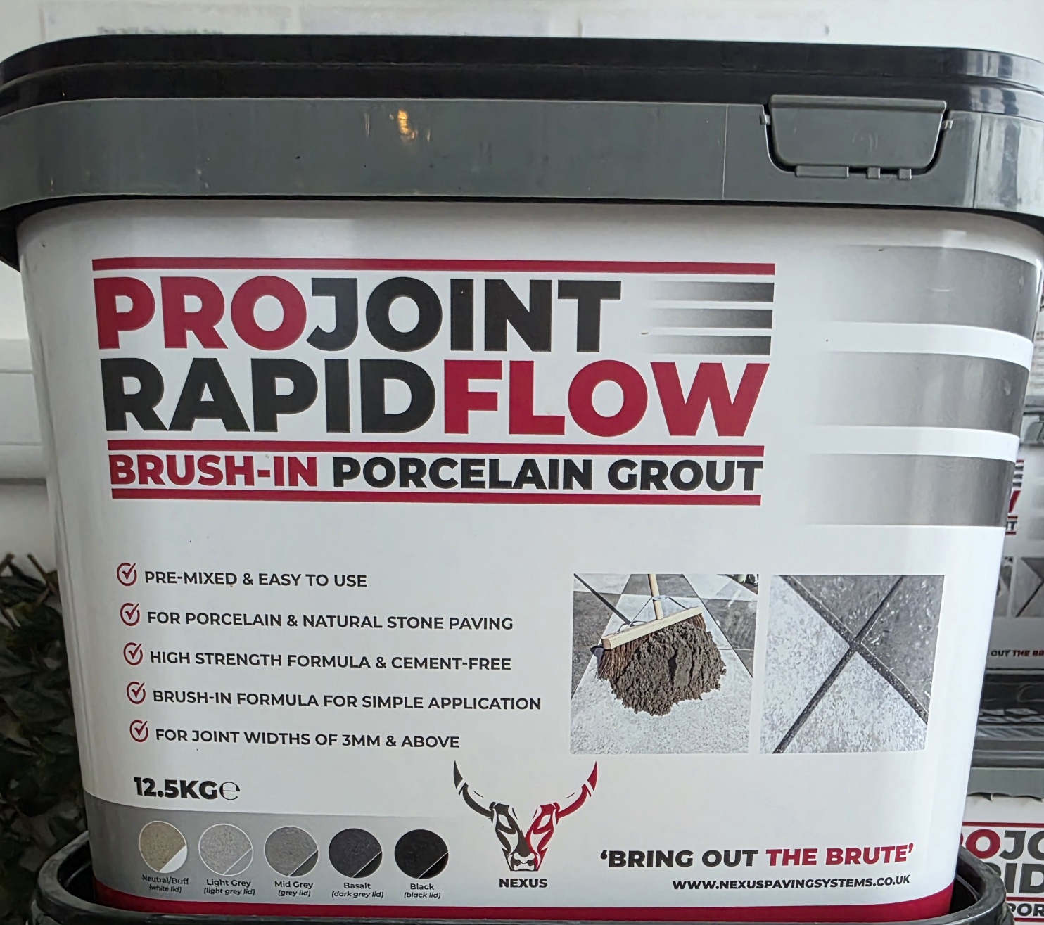 A bucket of ProJoint RapidFlow brush-in porcelain grout, featuring details on its pre-mixed formula, suitability for porcelain and natural stone paving, and application instructions, with a visual demonstration of the product's use.