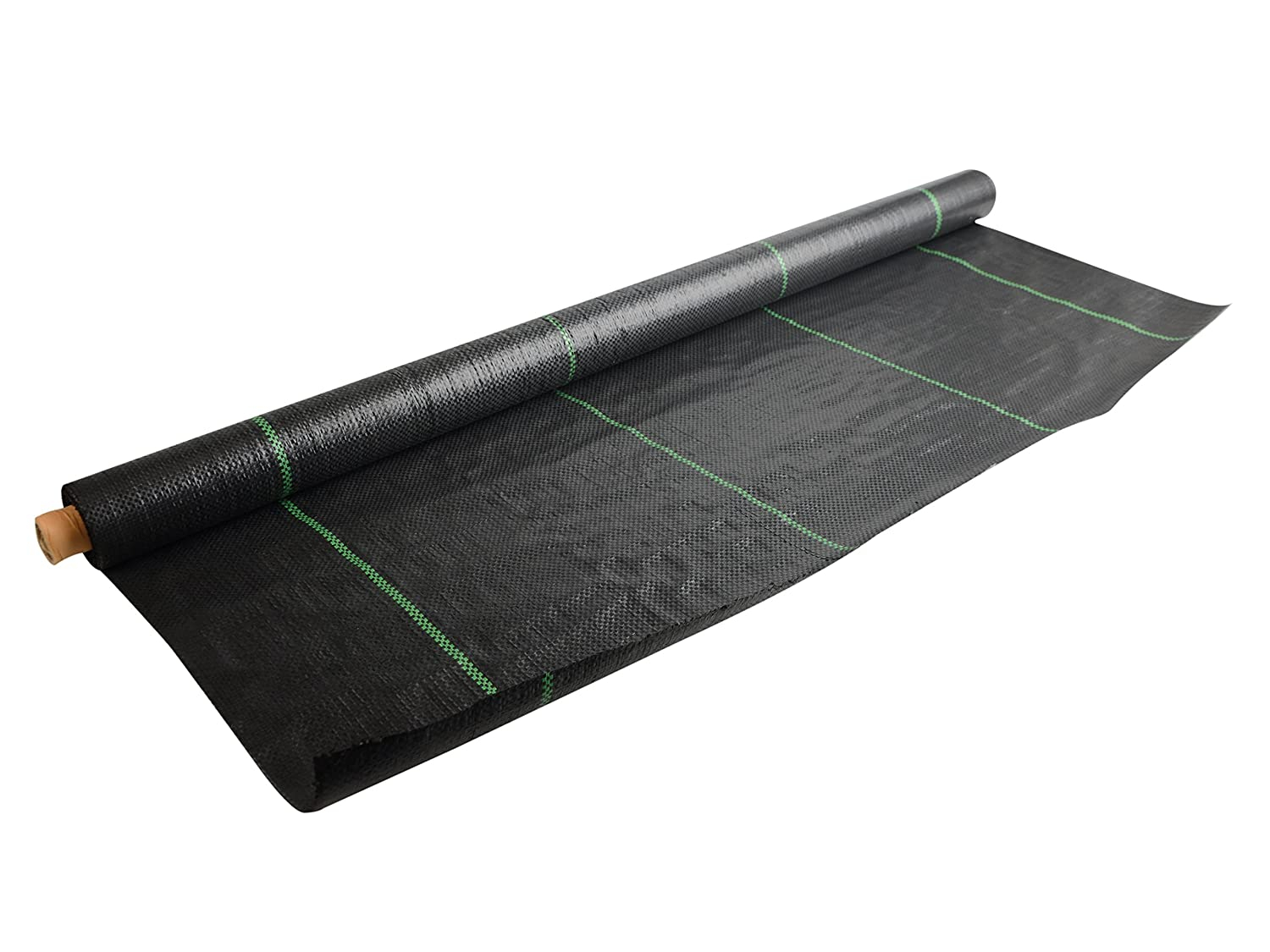 A roll of black landscaping fabric unfurled partially, featuring green marked lines for cutting or measurement.